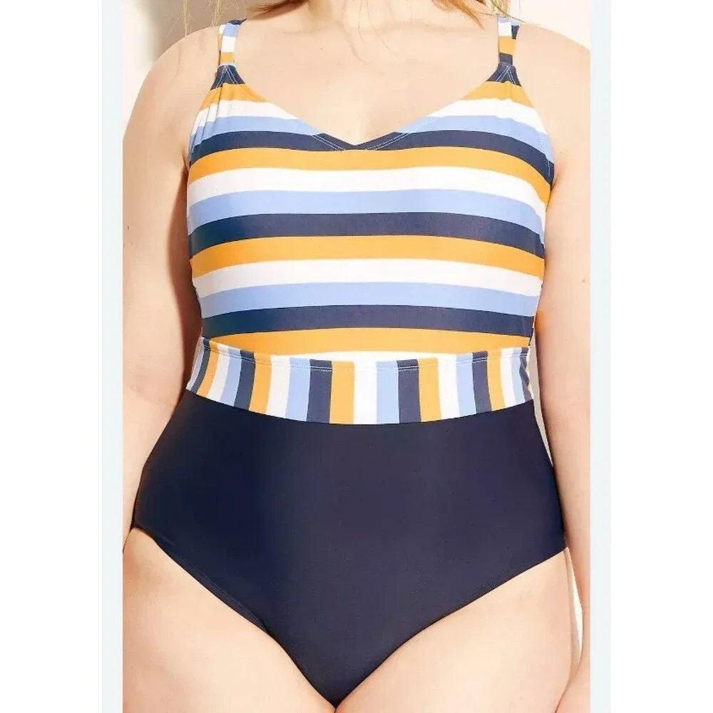 Kona Sol Swimsuit 1 Pc Women's 22W Navy Blue Yellow White Stripe Strappy Back